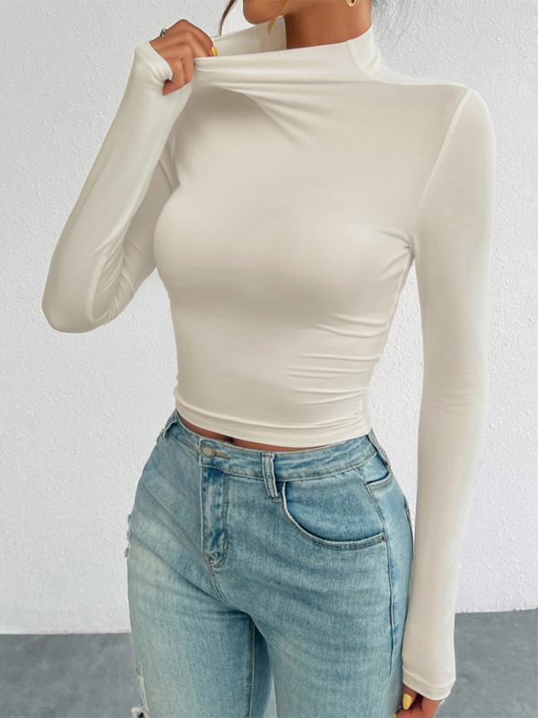 Fall Tees- Tailored Long Sleeve Turtleneck Crop Top- - IndioGear.com