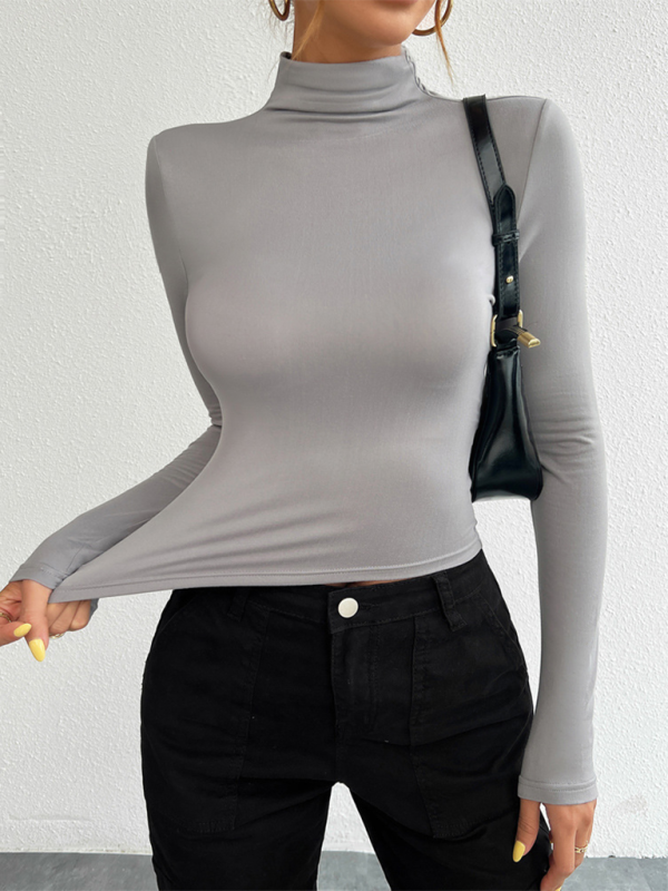 Fall Tees- Tailored Long Sleeve Turtleneck Crop Top- - IndioGear.com