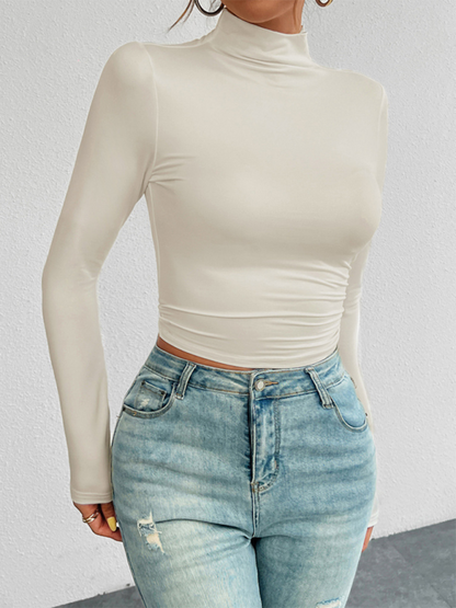 Fall Tees- Tailored Long Sleeve Turtleneck Crop Top- - IndioGear.com