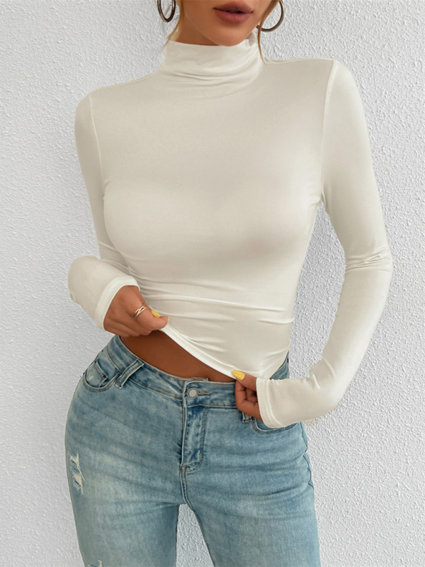 Fall Tees- Tailored Long Sleeve Turtleneck Crop Top- Cracker khaki- IndioGear.com