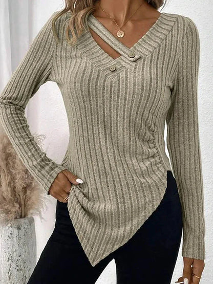 Fall Tops- Asymmetric Hem V-Neck T-Shirt for Fall Days - Women's Ribbed Top- - IndioGear.com