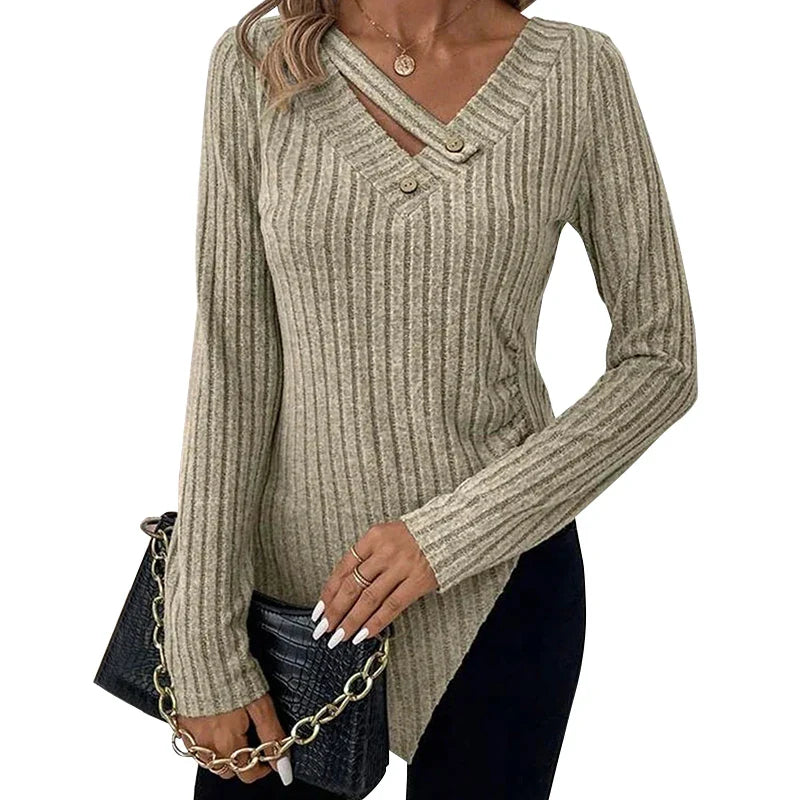 Fall Tops- Asymmetric Hem V-Neck T-Shirt for Fall Days - Women's Ribbed Top- Khaki- IndioGear.com