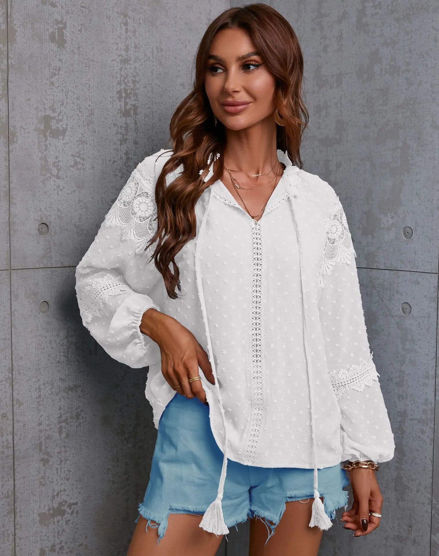 Fall Tops- Boho Lantern Sleeve Swiss Dot Blouse for Spring and Autumn- - IndioGear.com