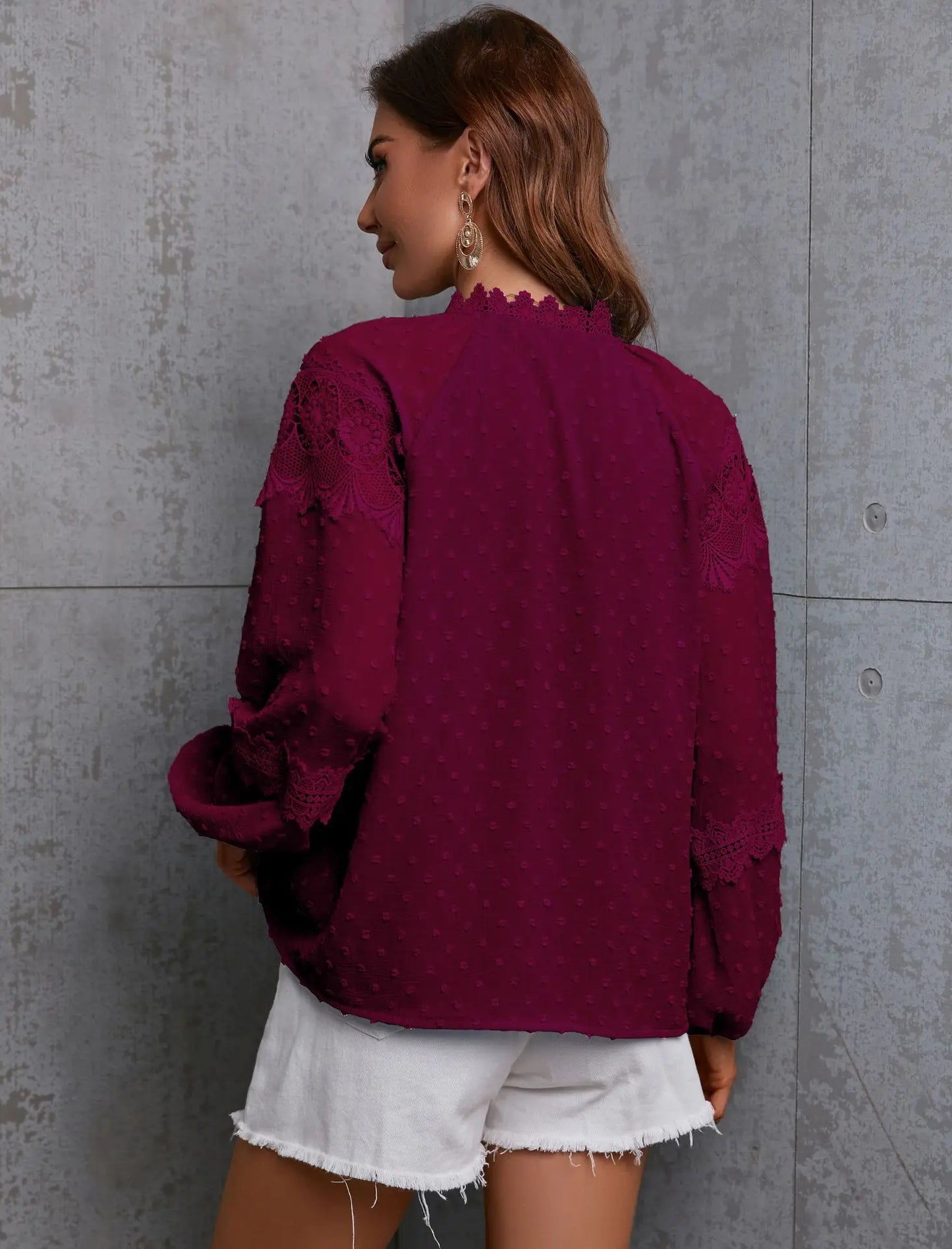 Fall Tops- Boho Lantern Sleeve Swiss Dot Blouse for Spring and Autumn- - IndioGear.com