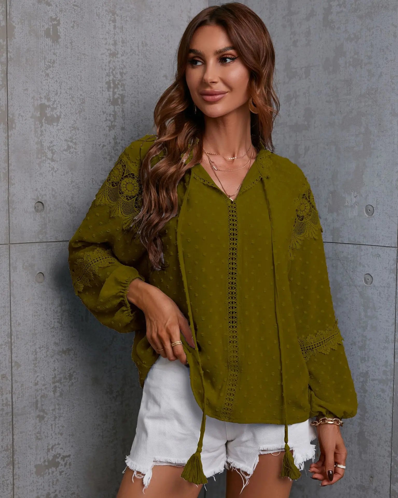 Fall Tops- Boho Lantern Sleeve Swiss Dot Blouse for Spring and Autumn- - IndioGear.com