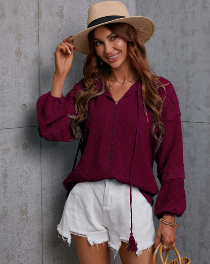 Fall Tops- Boho Lantern Sleeve Swiss Dot Blouse for Spring and Autumn- - IndioGear.com