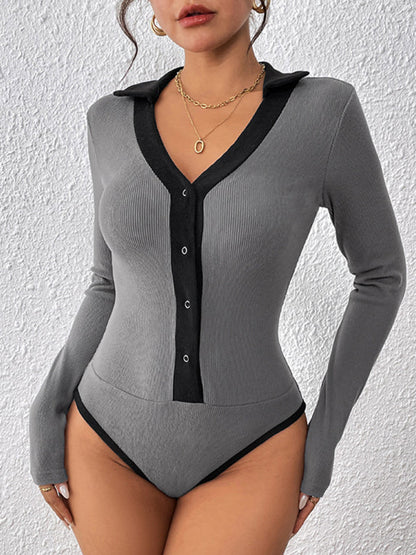 Fall Tops- Contrast Ribbed Fall Bodysuit Long-Sleeve Top- - IndioGear Women Clothing