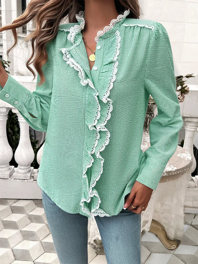 Fall Tops- Fall Elegance Women's Striped Ruffle Shirt with Lantern Sleeves- - IndioGear.com