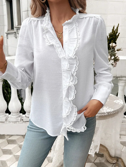 Fall Tops- Fall Elegance Women's Striped Ruffle Shirt with Lantern Sleeves- - IndioGear.com