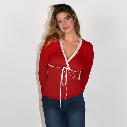 Fall Tops- Lace Ribbon Flare Sleeve Top- Red- IndioGear Women Clothing