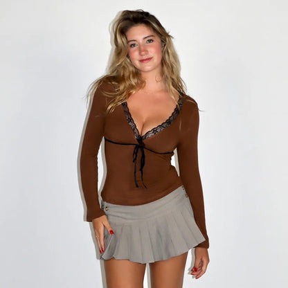 Fall Tops- Lace Ribbon Flare Sleeve Top- Brown- IndioGear Women Clothing