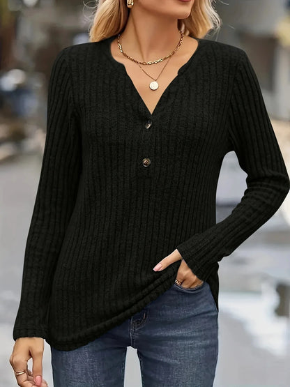 Fall Tops- Women Cozy V-Neck Buttoned Rib T-Shirt for Fall Days- Black- IndioGear.com