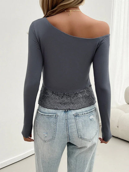 Fall Tops- Women One-Shoulder Long Sleeve Fall Top with Lace Hem- - IndioGear.com