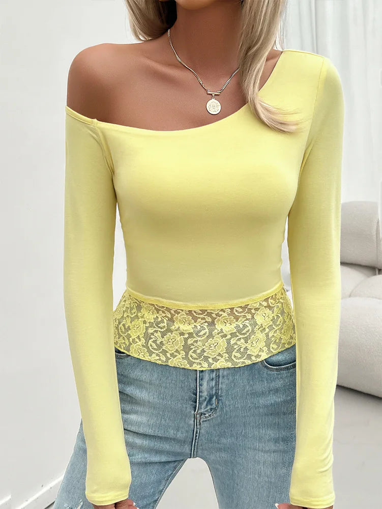 Fall Tops- Women One-Shoulder Long Sleeve Fall Top with Lace Hem- Yellow- IndioGear.com