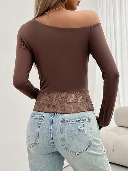 Fall Tops- Women One-Shoulder Long Sleeve Fall Top with Lace Hem- - IndioGear.com