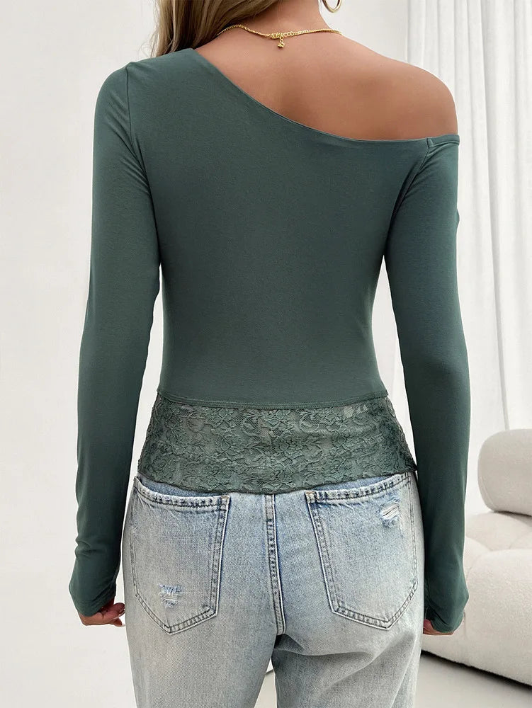 Fall Tops- Women One-Shoulder Long Sleeve Fall Top with Lace Hem- - IndioGear.com