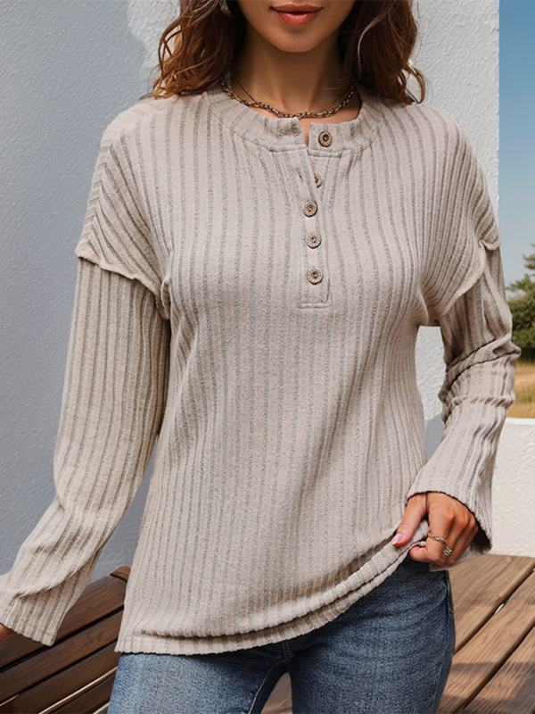 Fall Tops- Women Rib Striped Long-Sleeve Top for Autumn- - IndioGear.com