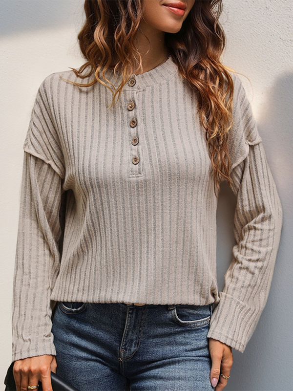 Fall Tops- Women Rib Striped Long-Sleeve Top for Autumn- - IndioGear.com