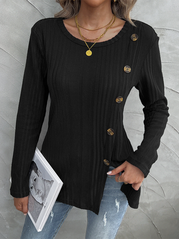 Fall Tops- Women Ribbed Fall Top with Gold-Tone Buttons- - IndioGear.com