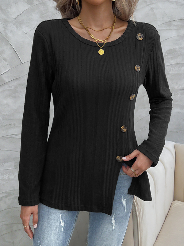 Fall Tops- Women Ribbed Fall Top with Gold-Tone Buttons- - IndioGear.com