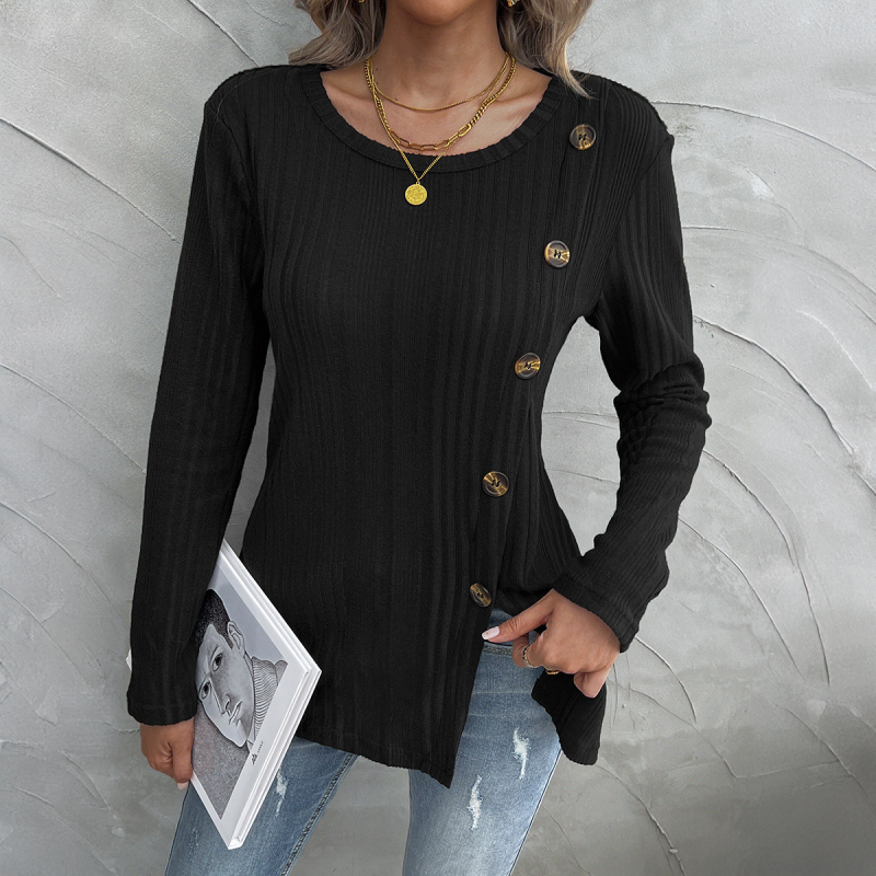 Fall Tops- Women Ribbed Fall Top with Gold-Tone Buttons- Black- IndioGear.com