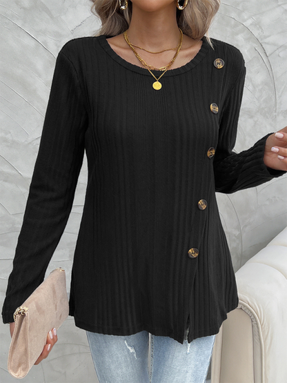 Fall Tops- Women Ribbed Fall Top with Gold-Tone Buttons- - IndioGear.com