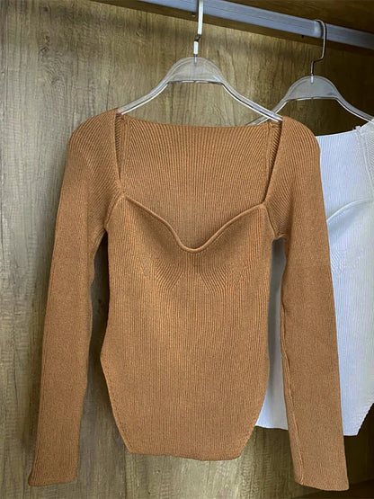 Fall Tops- Women Ribbed Knit Long Sleeve Top for Fall in Bodysuit-Like Design- Sand Brown- IndioGear.com