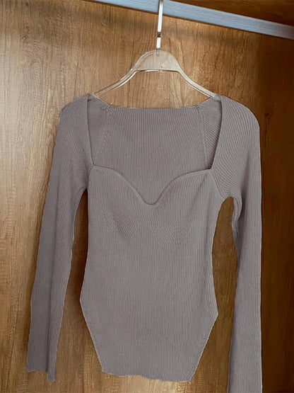 Fall Tops- Women Ribbed Knit Long Sleeve Top for Fall in Bodysuit-Like Design- Gray Brown- IndioGear.com