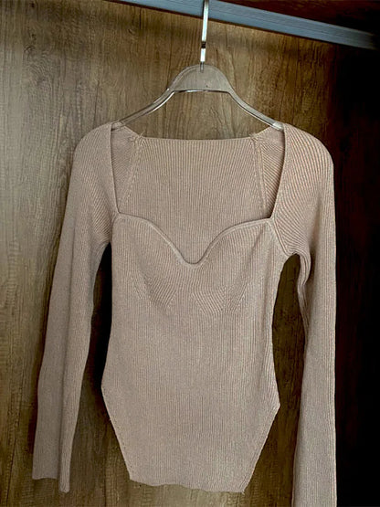 Fall Tops- Women Ribbed Knit Long Sleeve Top for Fall in Bodysuit-Like Design- Khaki- IndioGear.com