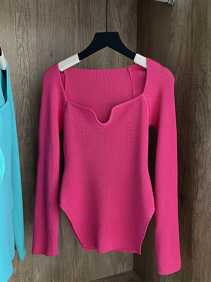 Fall Tops- Women Ribbed Knit Long Sleeve Top for Fall in Bodysuit-Like Design- Rose Red- IndioGear.com