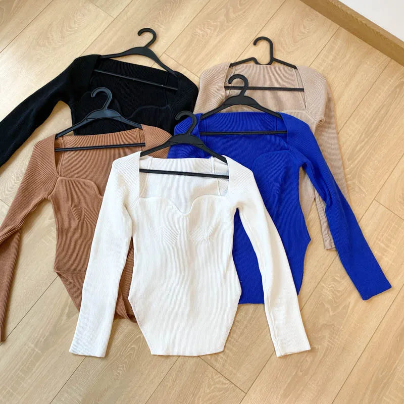 Fall Tops- Women Ribbed Knit Long Sleeve Top for Fall in Bodysuit-Like Design- - IndioGear.com