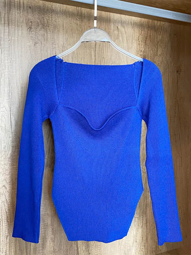 Fall Tops- Women Ribbed Knit Long Sleeve Top for Fall in Bodysuit-Like Design- Blue- IndioGear.com