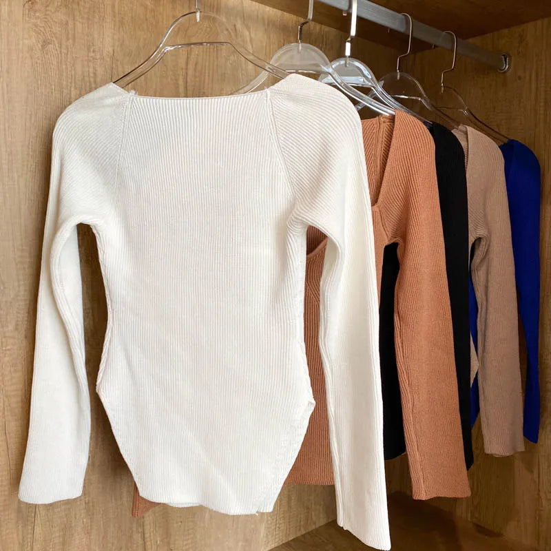 Fall Tops- Women Ribbed Knit Long Sleeve Top for Fall in Bodysuit-Like Design- - IndioGear.com