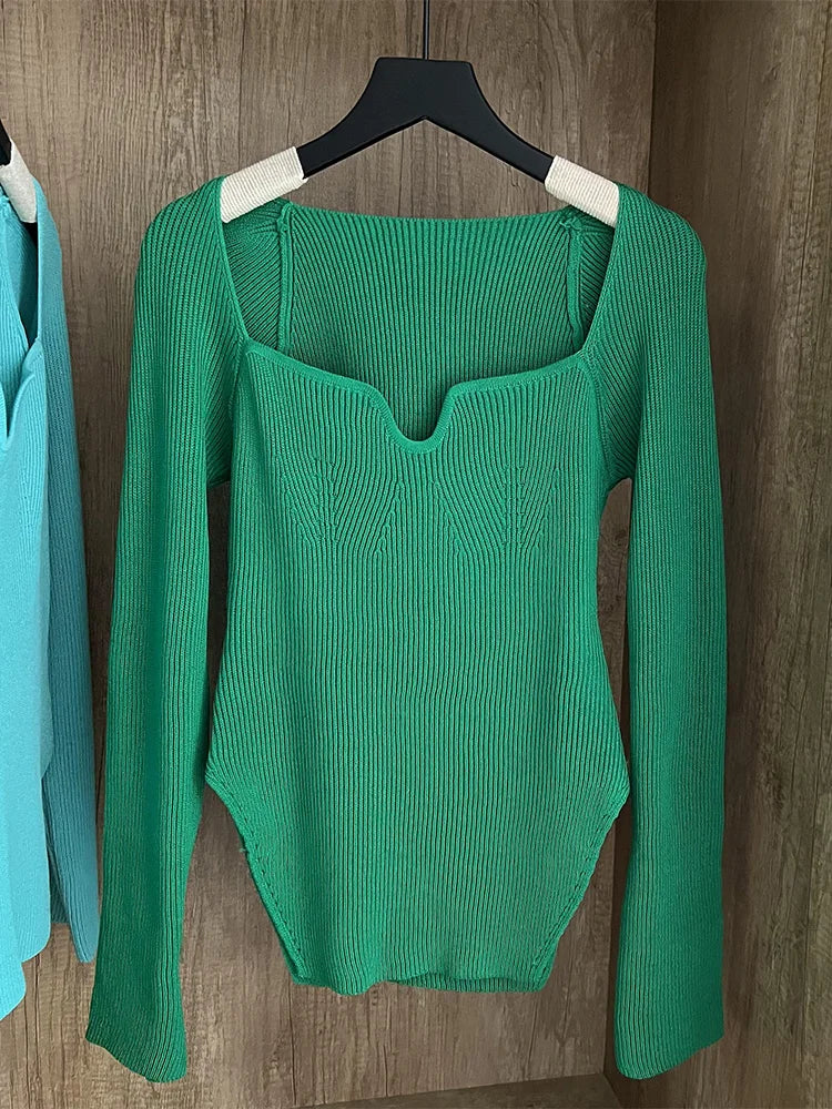 Fall Tops- Women Ribbed Knit Long Sleeve Top for Fall in Bodysuit-Like Design- green- IndioGear.com