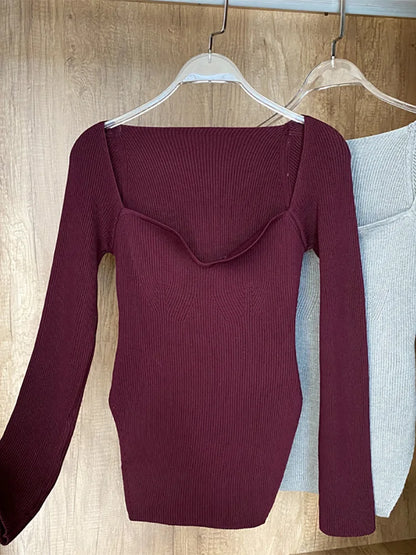 Fall Tops- Women Ribbed Knit Long Sleeve Top for Fall in Bodysuit-Like Design- Burgundy- IndioGear.com