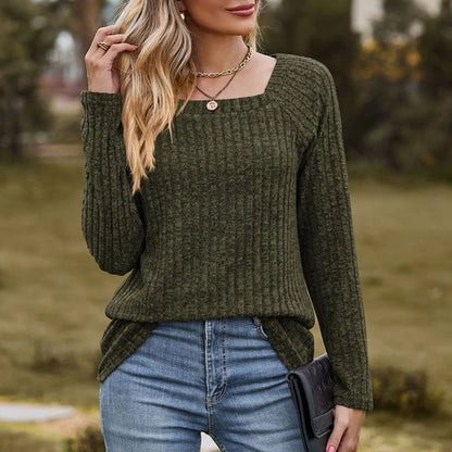 Fall Tops- Women Square Neck Ribbed Top for Casual Fall Days- Army green- IndioGear.com