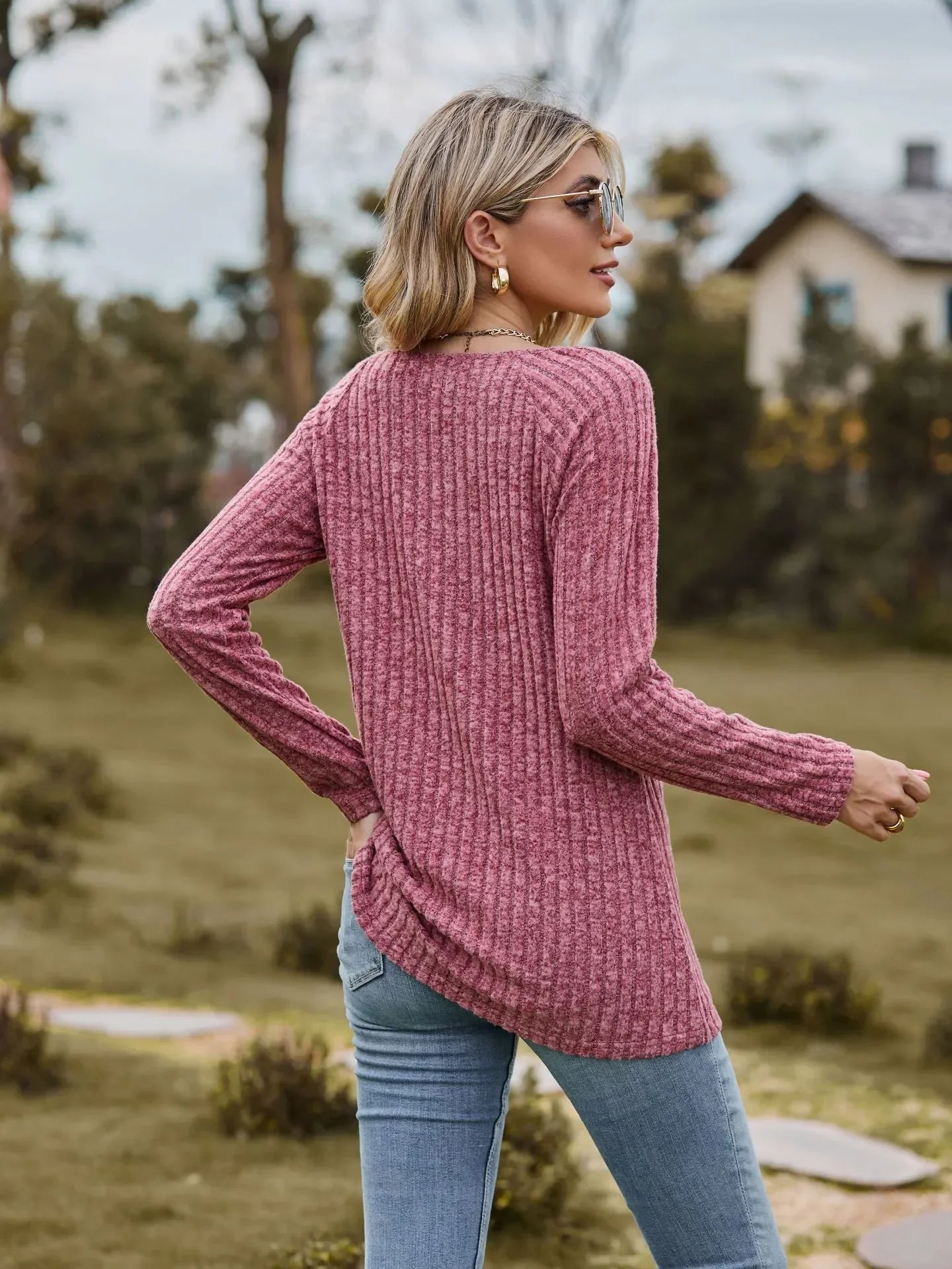 Fall Tops- Women Square Neck Ribbed Top for Casual Fall Days- - IndioGear.com