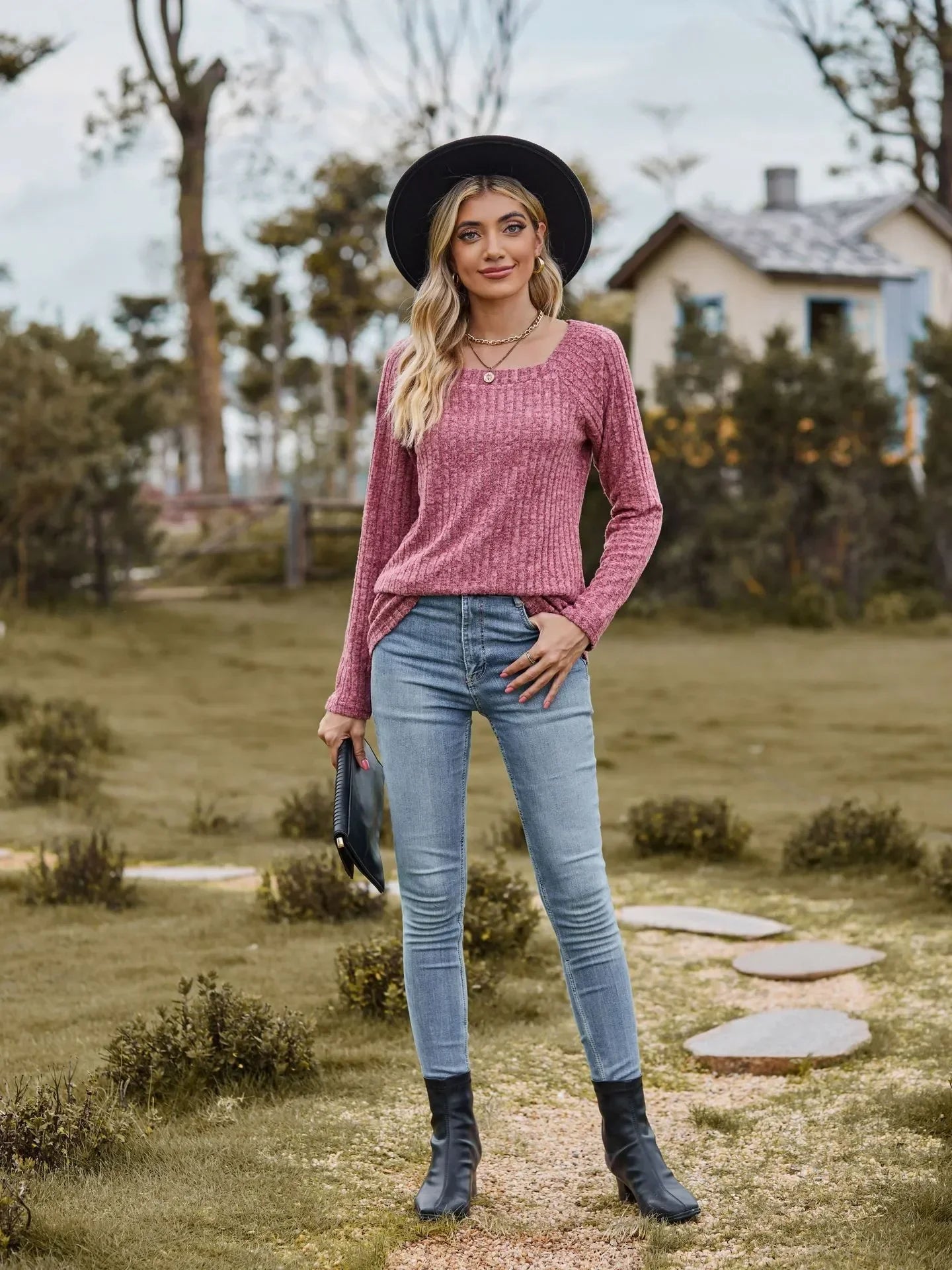 Fall Tops- Women Square Neck Ribbed Top for Casual Fall Days- - IndioGear.com