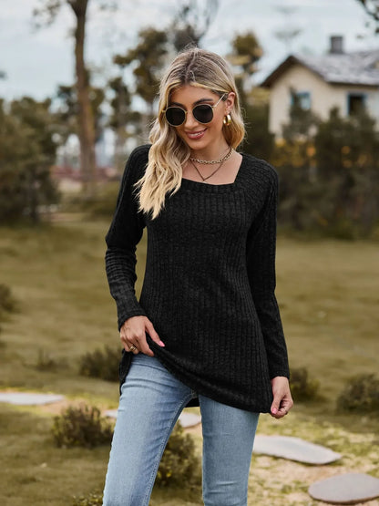 Fall Tops- Women Square Neck Ribbed Top for Casual Fall Days- - IndioGear.com