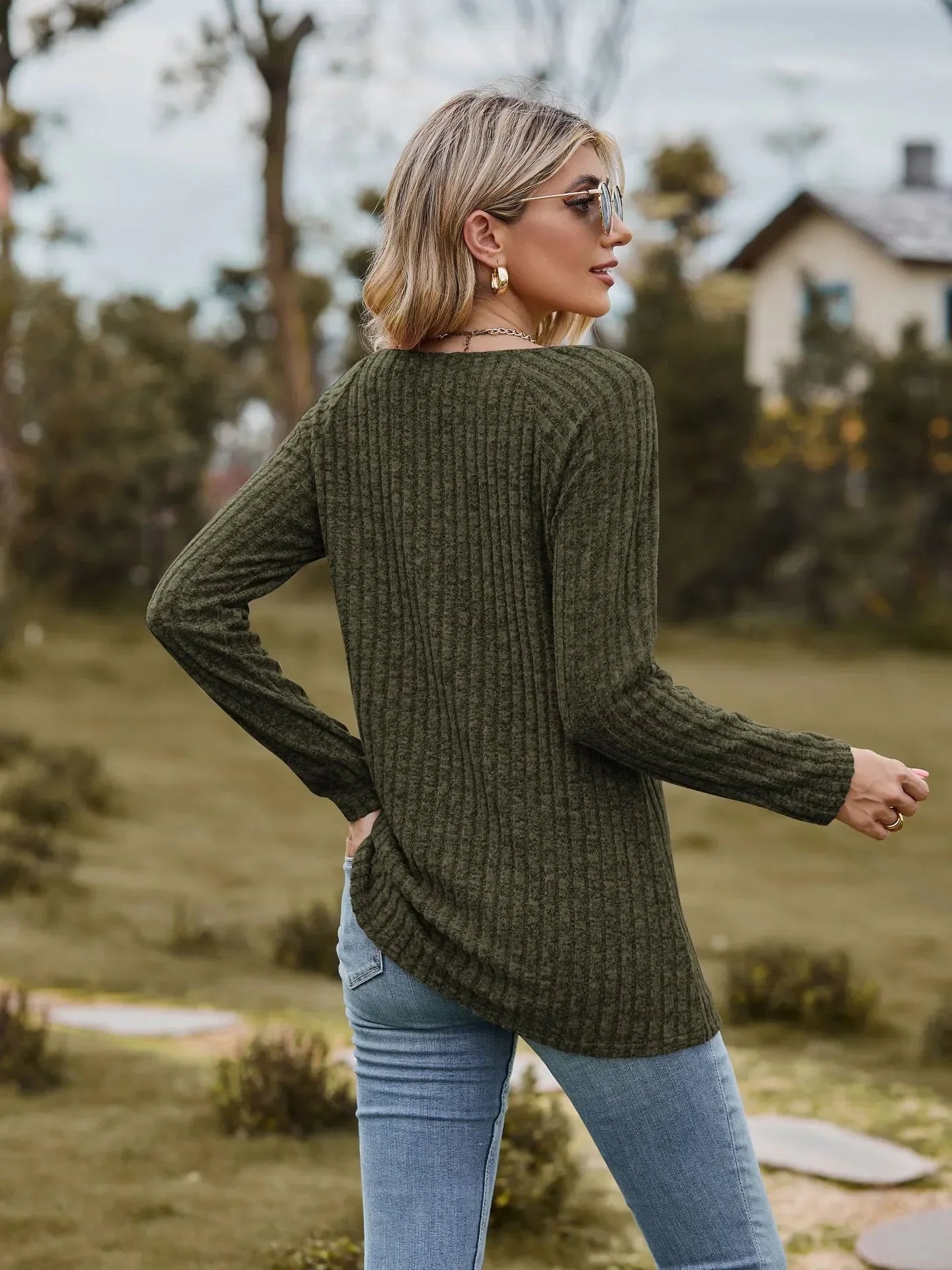 Fall Tops- Women Square Neck Ribbed Top for Casual Fall Days- - IndioGear.com