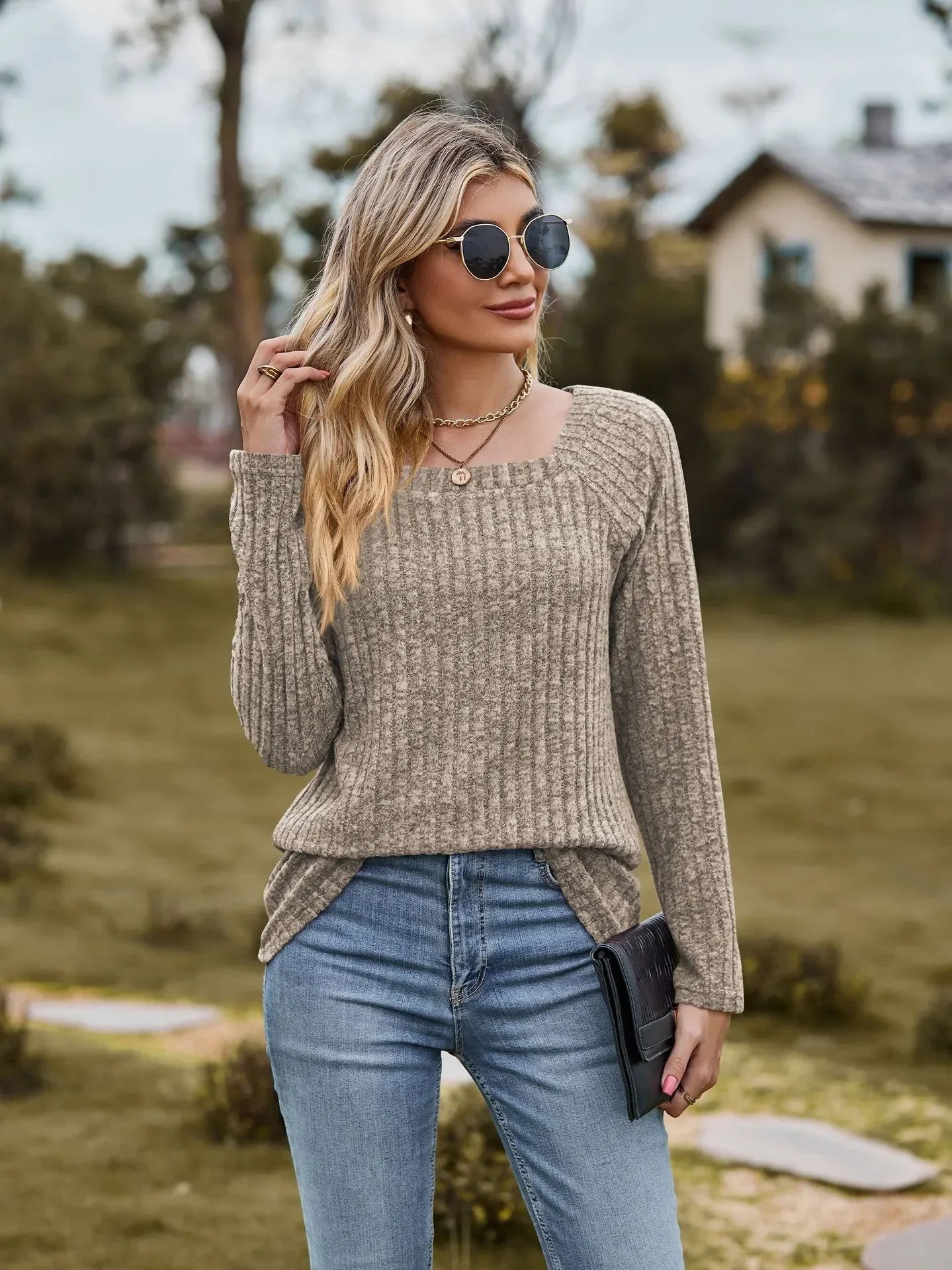 Fall Tops- Women Square Neck Ribbed Top for Casual Fall Days- - IndioGear.com