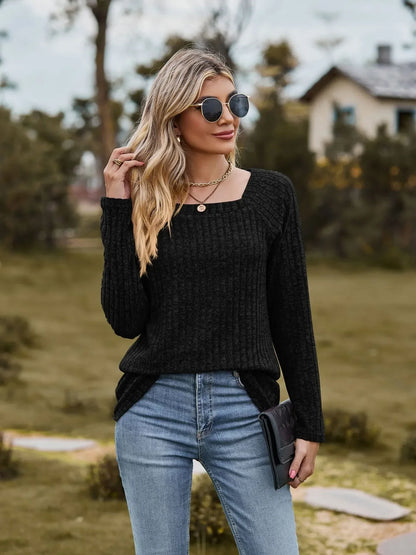 Fall Tops- Women Square Neck Ribbed Top for Casual Fall Days- - IndioGear.com