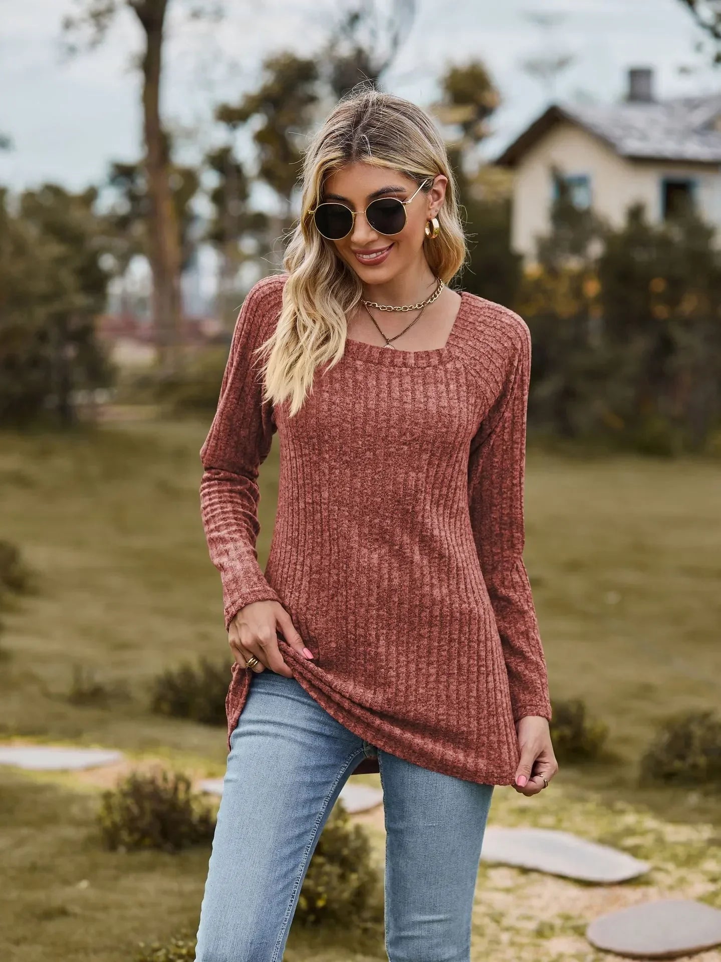 Fall Tops- Women Square Neck Ribbed Top for Casual Fall Days- - IndioGear.com