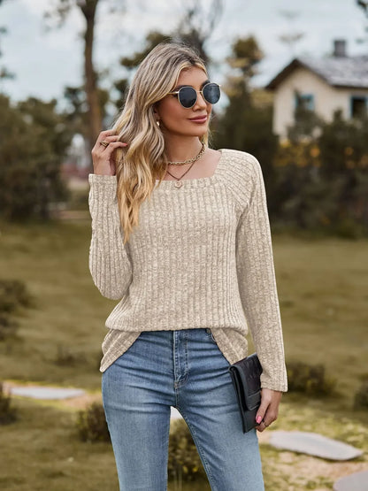 Fall Tops- Women Square Neck Ribbed Top for Casual Fall Days- - IndioGear.com