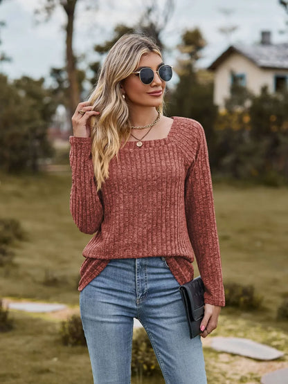 Fall Tops- Women Square Neck Ribbed Top for Casual Fall Days- - IndioGear.com