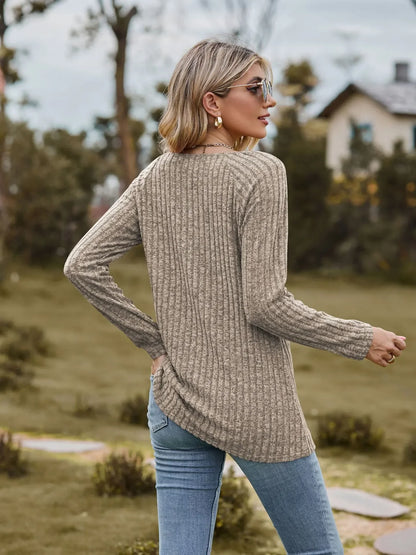 Fall Tops- Women Square Neck Ribbed Top for Casual Fall Days- - IndioGear.com