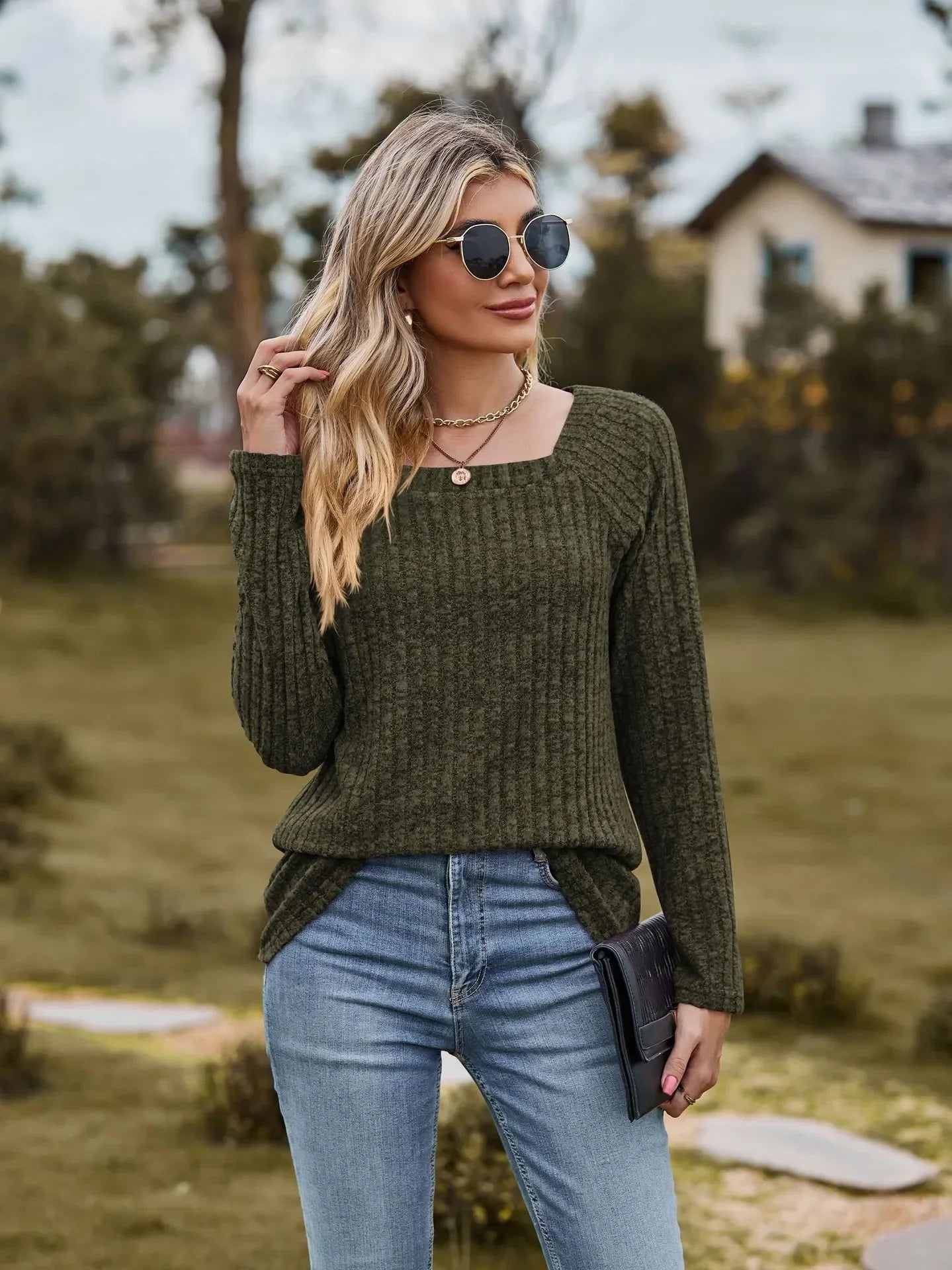 Fall Tops- Women Square Neck Ribbed Top for Casual Fall Days- - IndioGear.com