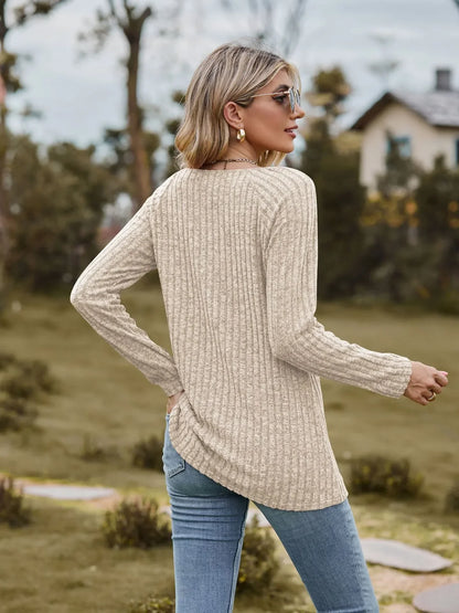 Fall Tops- Women Square Neck Ribbed Top for Casual Fall Days- - IndioGear.com