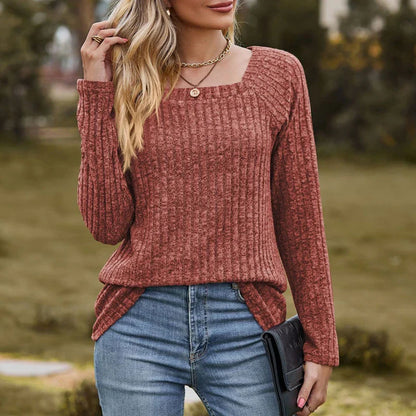 Fall Tops- Women Square Neck Ribbed Top for Casual Fall Days- Brick Red- IndioGear.com