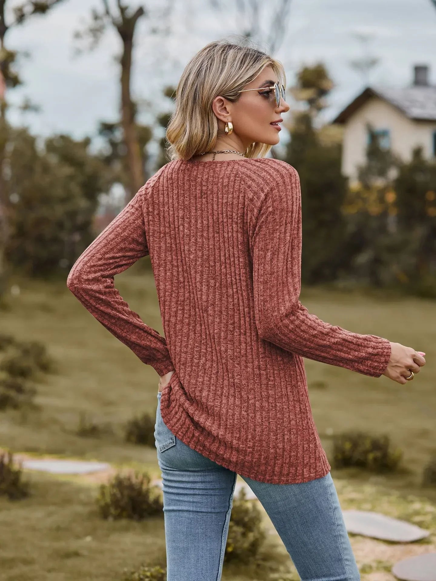 Fall Tops- Women Square Neck Ribbed Top for Casual Fall Days- - IndioGear.com